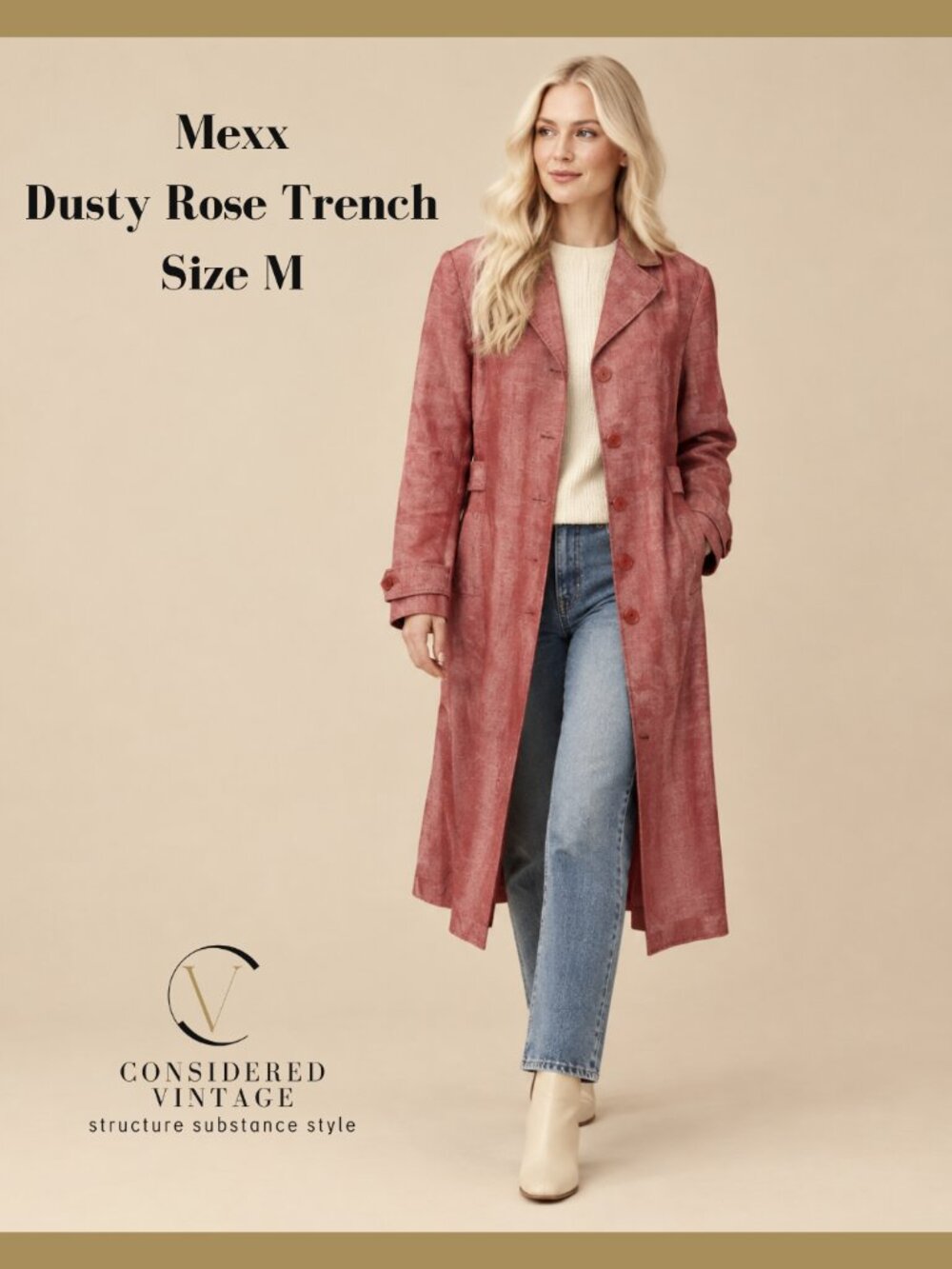 MEXX Vintage Dusty Rose Trench Coat - Mauve Duster Jacket - Size 10